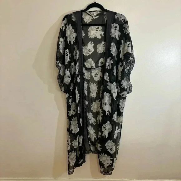 Michael Stars Kimono Open Front Duster Sheer Floral Black Beach Coverup OSFM - Picture 1 of 9
